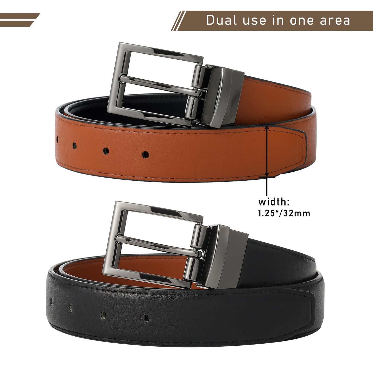 AWAYTR Reversible Leather Belt for Women - Two Color-in-One Belt for Jeans Dress Women Men Belt with Rotated Buckle(Brown/Black with Gun Color Buckle 32in-38in)
