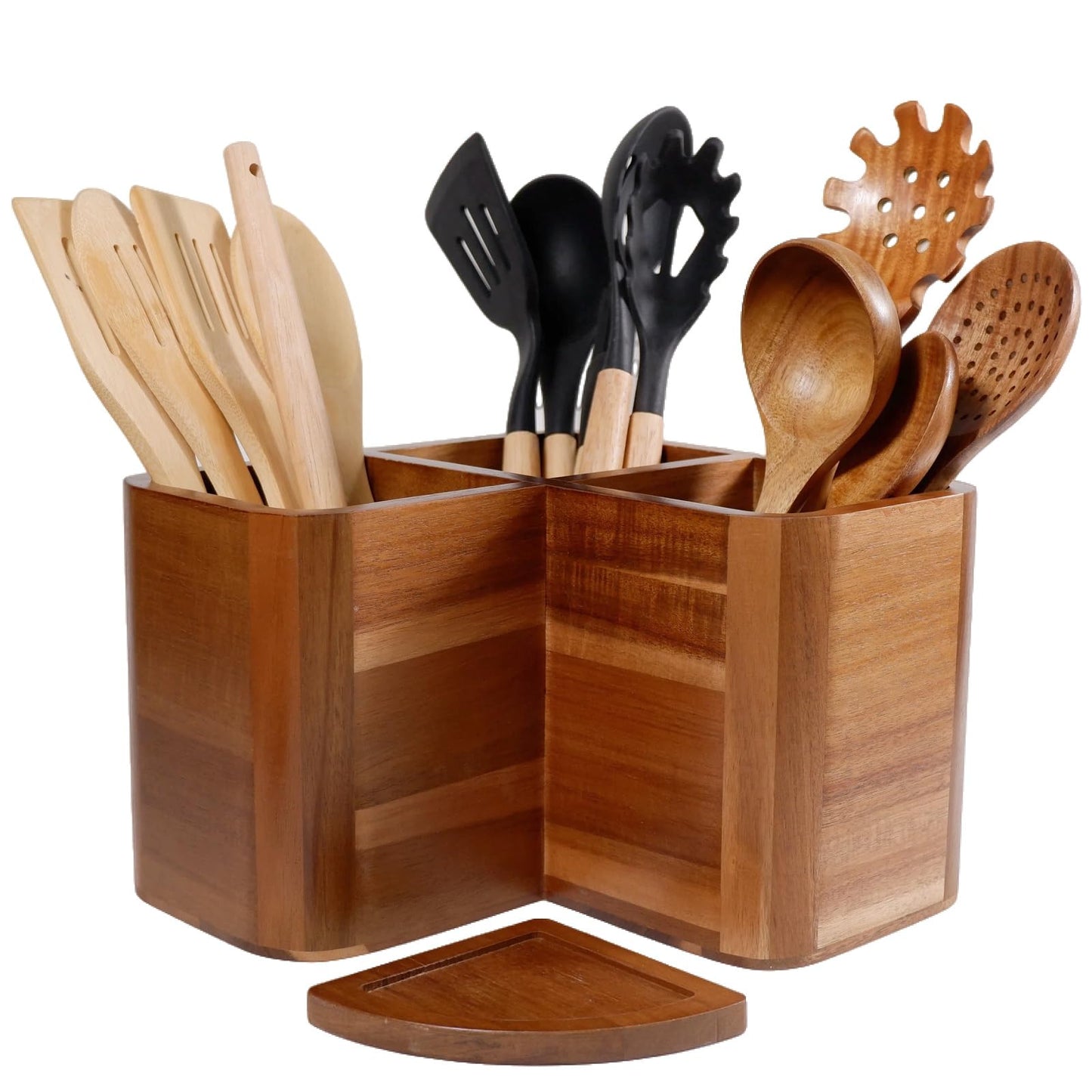 Liberal Brightdeer Large Kitchen Utensils Holder with 3 Compartments,Corner Utensil Caddy for Countertop,Acacia Wooden Utensil Organizer for Kitchen Countertop, Farmhouse Decor