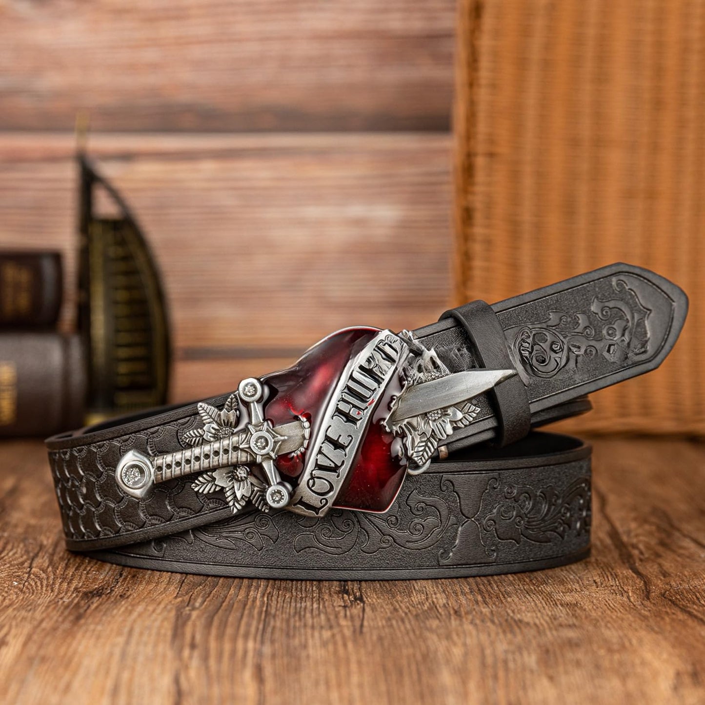 FAYZSOWSR Antique Belt, Western Cowboy PU Leather Belts with Heart and Sword Carved Buckle Retro Embossed Belt for Jeans (Black)
