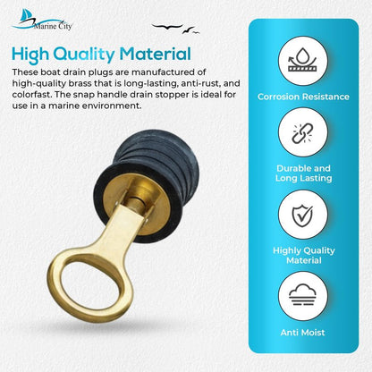 MARINE CITY Brass Snap Handle Drain Plug, Durable & Strong, Easy to Use, Sturdy with Fine Finish, Innovative Design for Boats, Yachts, Kayaks & Marine Use