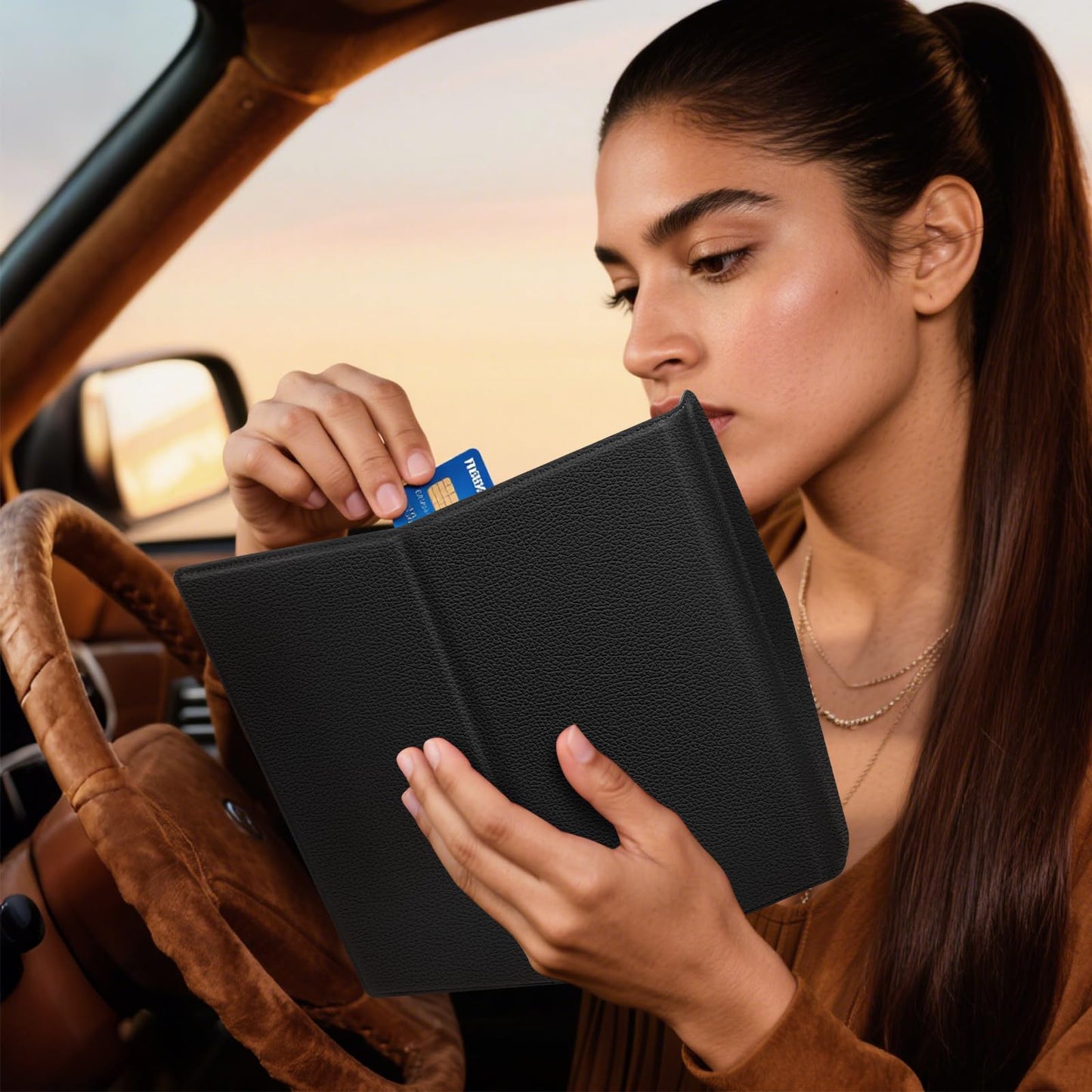 CoBak Leather Car Registration and Insurance Holder with Magnetic Compartment - Vehicle Glove Box Organizer for Driver License, Cards, Emergency Cash - Auto Truck Accessories Case, Lychee Black