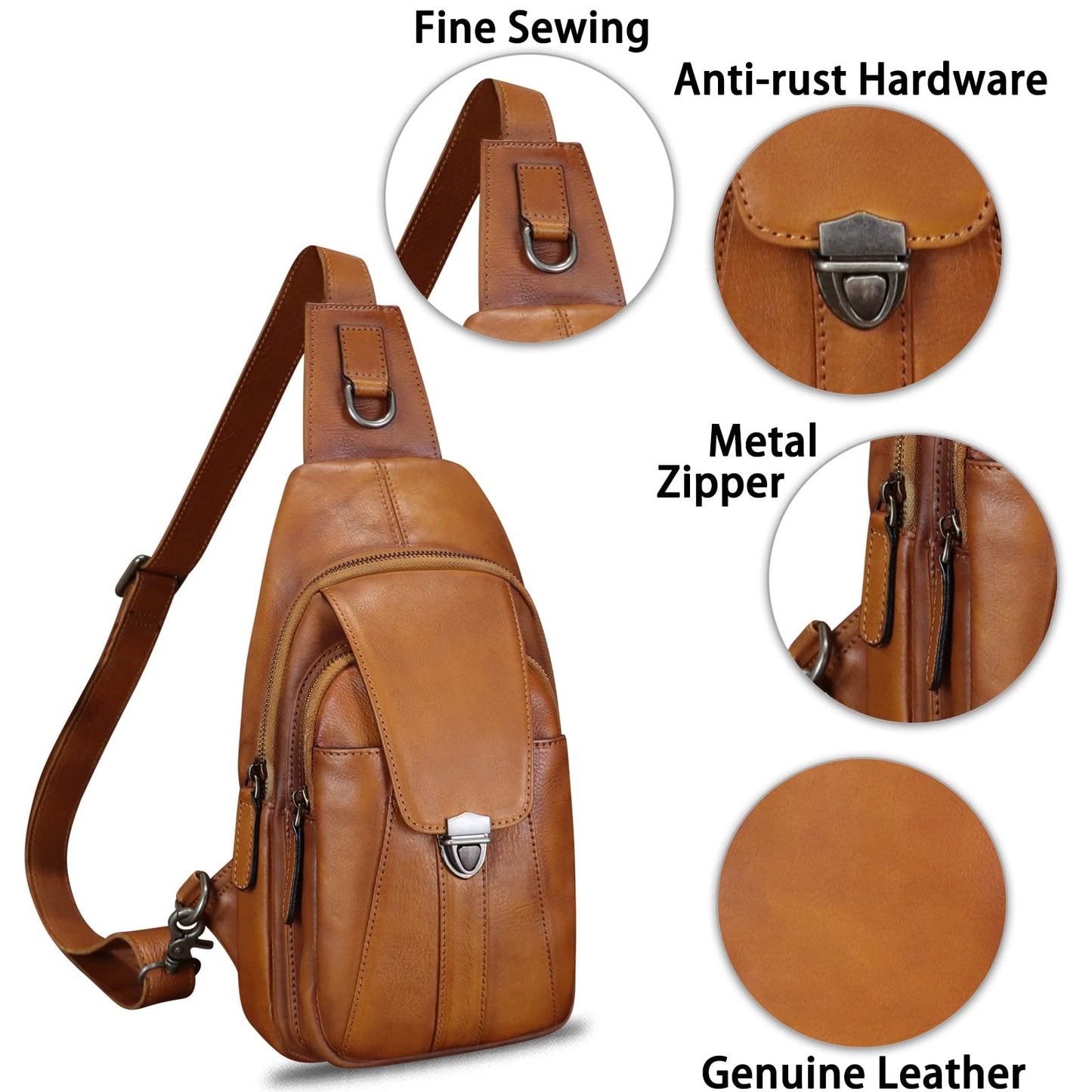 LRTO Genuine Leather Sling Bag for Women and Man Handmade Retro Hiking Crossbody Backpack Purse Chest Shoulder Daypack (Brown)