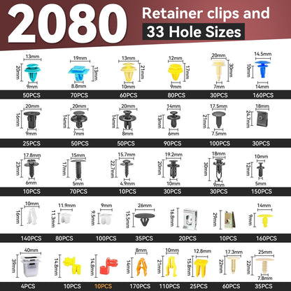 2080Pcs Car Retainer Clips & Fasteners Kit – 33 Universal Sizes Nylon Bumper, Fender Rivets, Door Panel Clips, and Plastic Rivets with 10 Cable Ties and Removal Tool for Toyota, Ford, Benz (2080pcs)