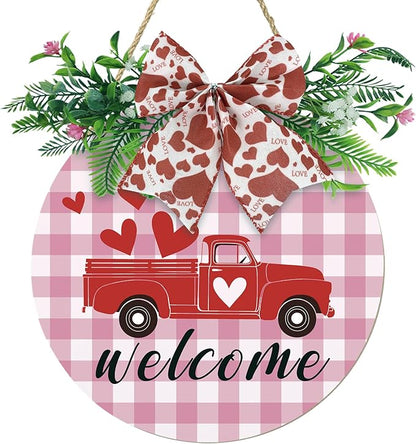 Valentines Day Door Sign for Front Porch Farmhouse Decor Welcome Red Truck with Hearts Hanging Round Wood Signs with Bow and Wreath Rustic Love Home Decoration for Couples Romantic Gift 12"