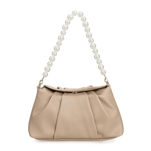 IXEBELLA PU Clutch Handbag for Women Evening Bag Formal Dressy Purse with Pearl Strap (Taupe)