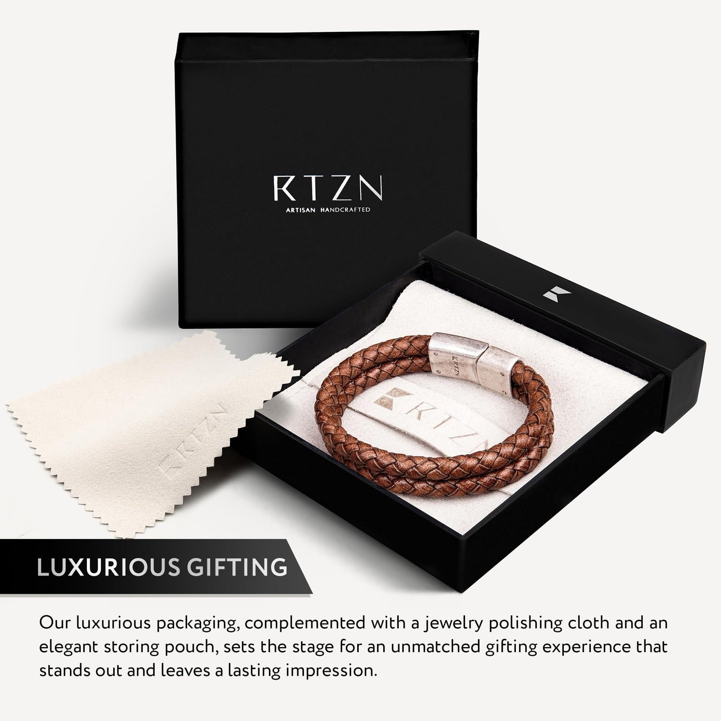 RTZN Brown Leather Bracelet for Men Premium Artisan Handcrafted Double Strand Braided Mens Bracelet (Small)