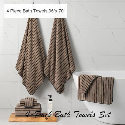 Oliven 4 Piece Brown Cabana Stripe Large Bath Towels Oversized Bath Sheet Super