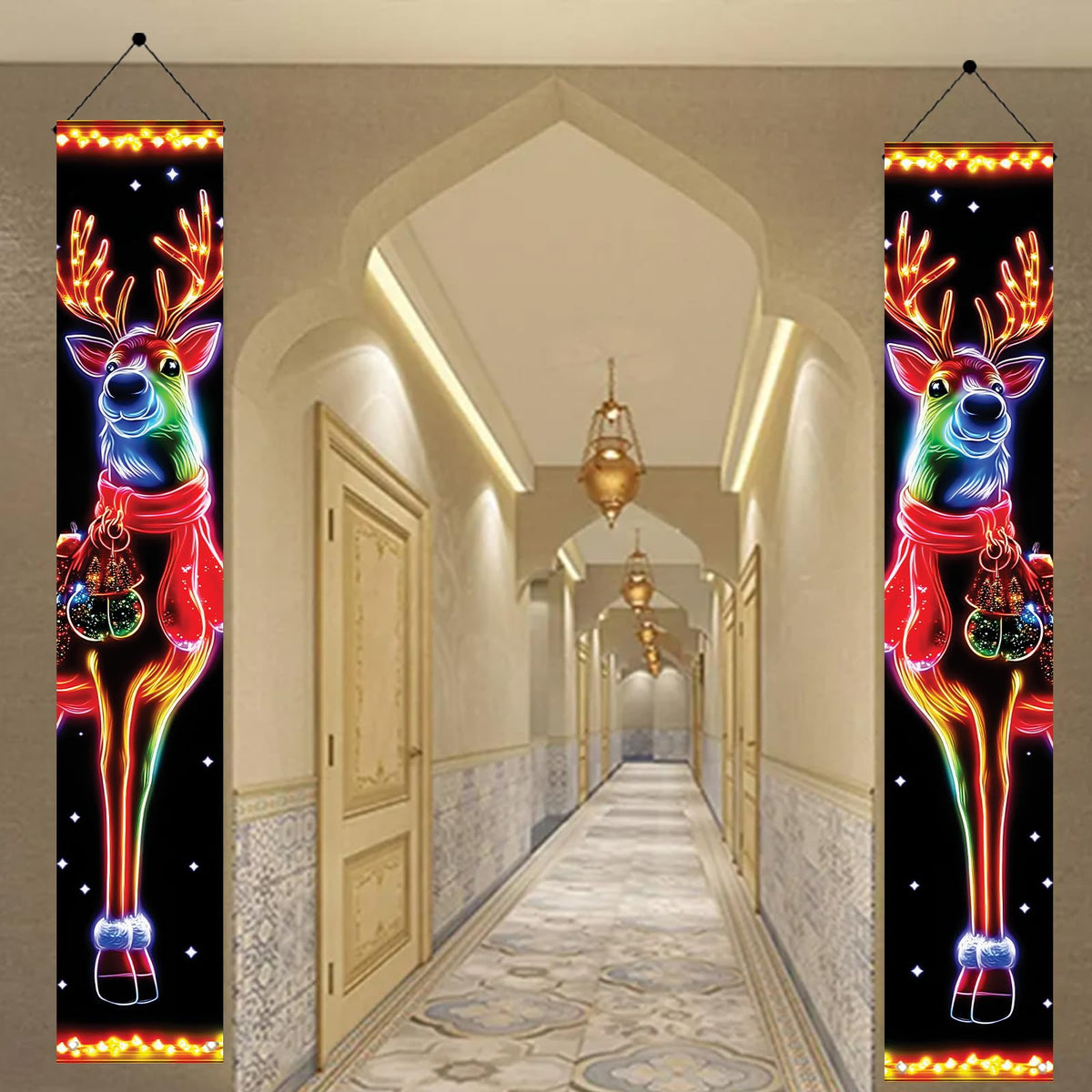 Saoplasa 2PCS Christmas Porch Banners 71 x 12 Inch Neon Reindeer Holiday Door Decorations LED Style Lighted Outdoor Hanging Signs for Xmas Party Front Entryway Yard Wall Festive Winter Welcome Display