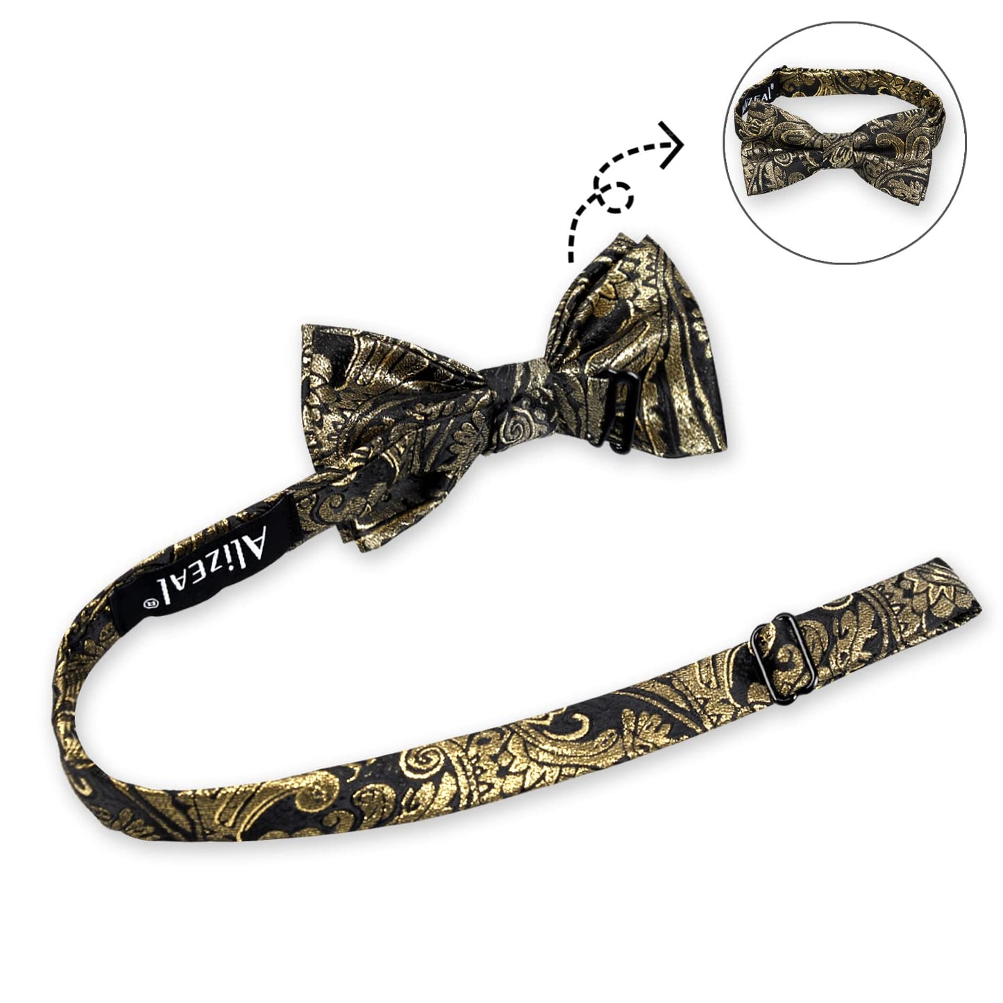 Alizeal Boys Adjustable Floral Paisley Pre-tied Bow Tie and Elastic Y Shape 3 Clips Suspenders Set, Black Gold