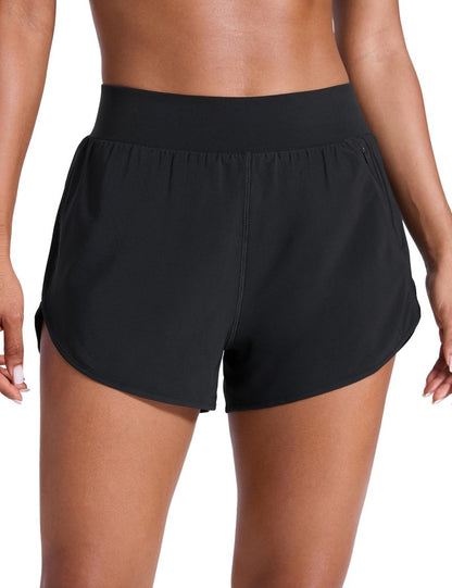 CRZ YOGA Dolphin Flat Waist Athletic Shorts for Women 3" - High Rise Quick Dry for Running Workout Gym Track with Zip Pockets Black Large