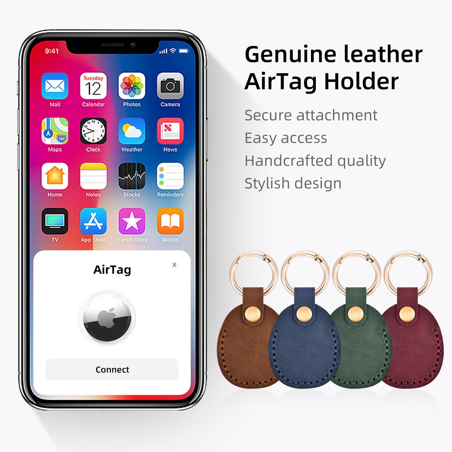 LZHRISING 4 Pack Genuine Leather Apple Airtag Holder, Air Tag Case Gps Tracker, Airtag Keychain Accessories, Gps Case with Key Ring for Key Chain,Wallet,Luggage,Cat,Dog,Pets