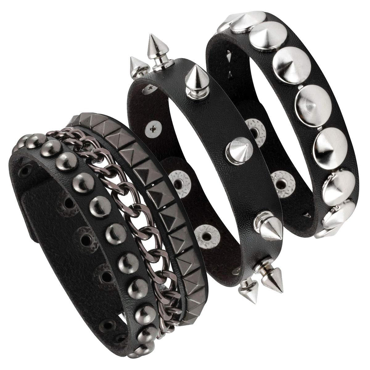 Eigso 3 Pcs Leather Punk Bracelets for Men Women of Rock Rivet Wrap Retro Spike Bracelet Adjustable