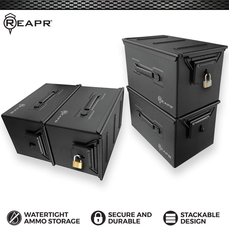 Reapr XL Ammo Box – Lockable Heavy Duty Steel Ammo Can for 9mm, 223, 50 Cal, Airtight Military Storage Case for Tools, Gear or Ammunition, Water Resistant Metal Footlocker Style Organizer