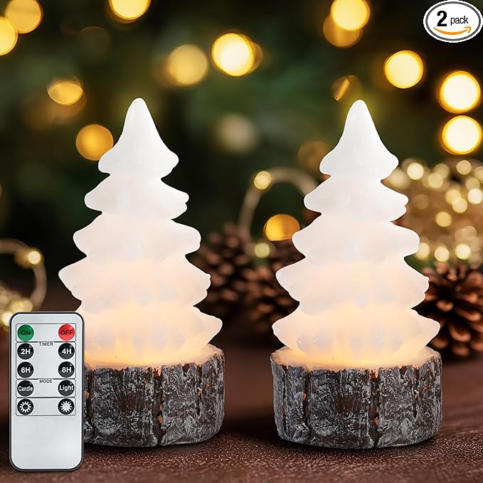 Homemory Christmas Tree Candles with Stump, 2 Pcs Waxy LED Flameless Candles Flickering, White Electric Lights Battery Operated for New Year Celebration Holiday Decorations 6.3 Inches