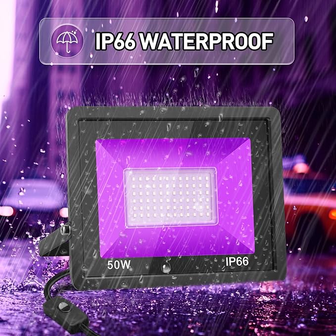 50W Black Light, 2Pack Indoor Outdoor Blacklight with Plug and Switch, Ip66 Waterproof, 365 NM UV Light for Glow Neon Party, Body Painting, Fluorescent Tapestry