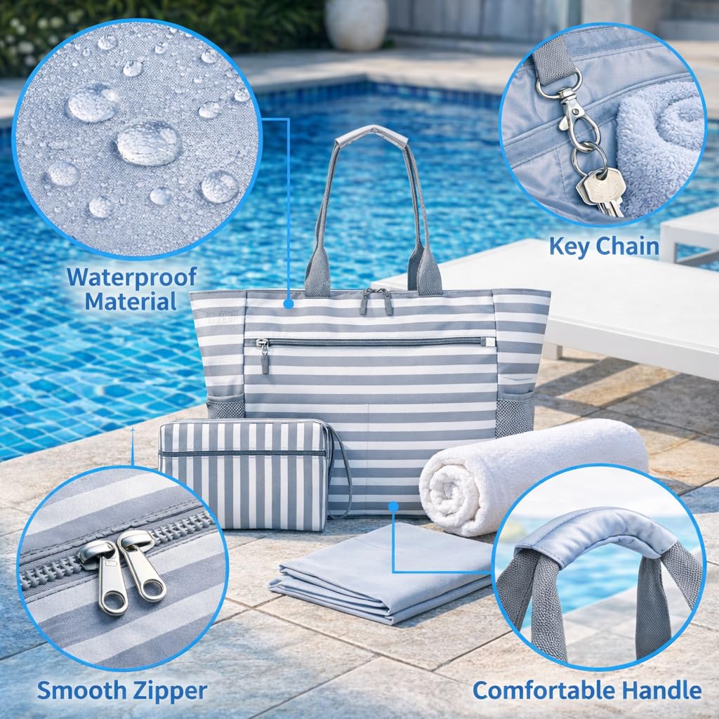 Waterproof Sandproof Beach Tote Bag for Women, Large Foldable Beach Bag with Zipper & Pockets, Packable Travel Pool Bag, Cruise Beach Bag Carry-On for Vacation, Gym & Beach, 9 Smart Pockets (Grey)