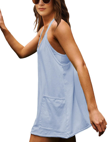 Lentta Womens Athletic Sleeveless Mini Dress with Built-in Shorts V Neck Spaghetti Strap Sundress(OxygenBlue-L)