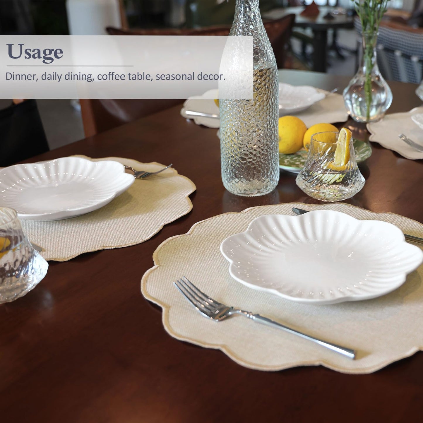 AHHFSMEI Round Faux Linen Placemats Set of 6 Waterproof Table Mats Heat Resistant Non-Slip and Stain Proof for Kitchen Dining Elegant Decor (Beige,6)