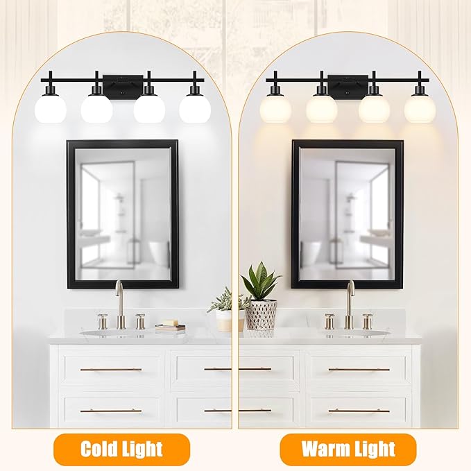 4-Light Modern Vanity Lighting Fixtures, Bathroom Wall Mounted Vanity Light,Black Bathroom Lighting Fixtures Over Mirror with Milky White Glass Lampshade for Bedroom, Living Room