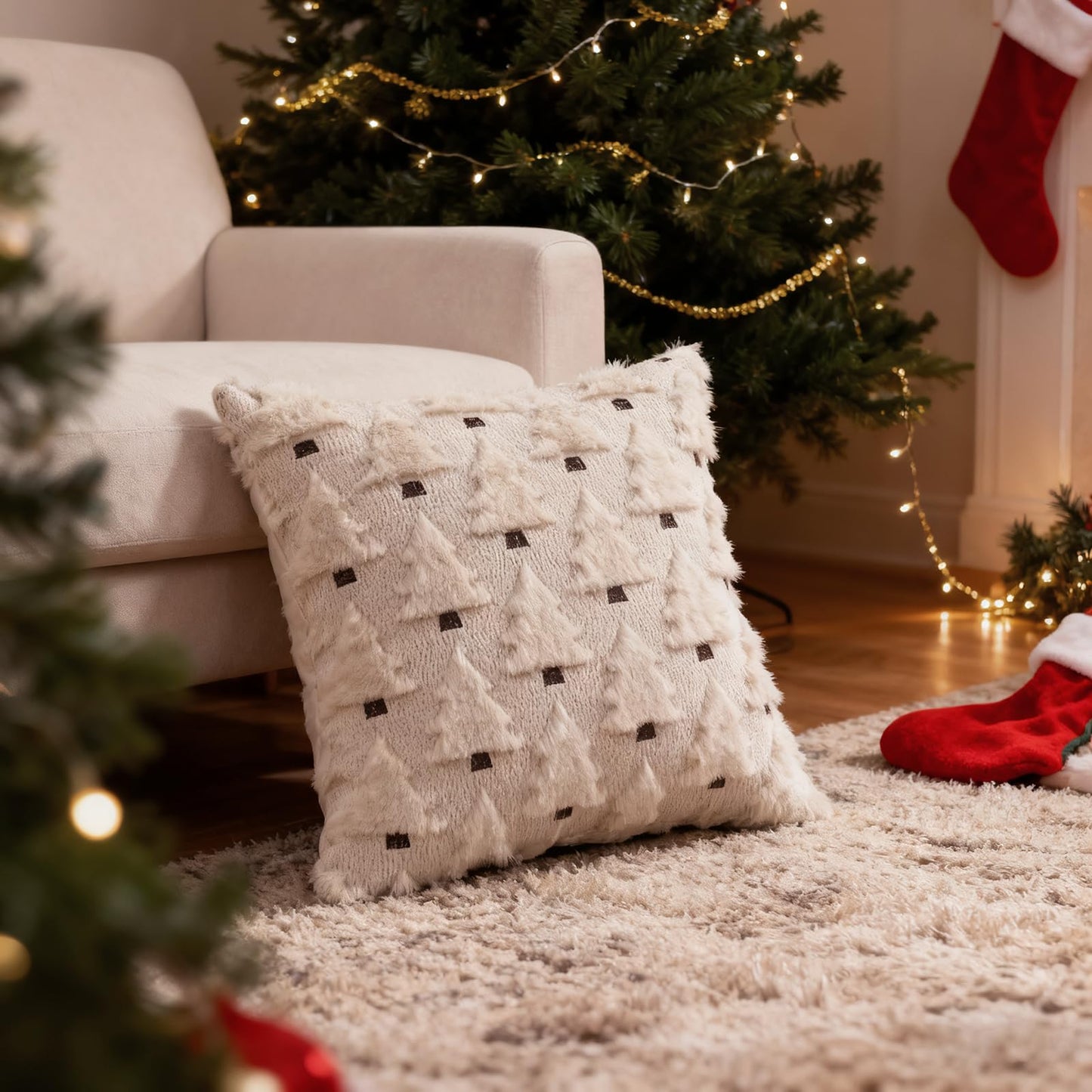 HDVUHKI Christmas Throw Pillow Covers 18x18 inch Set of 4, Beige Xmas Tree Holiday Winter Living Room Soft Fluffy Plush Faux Fur Wool Decorations for Sofa Couch Bed