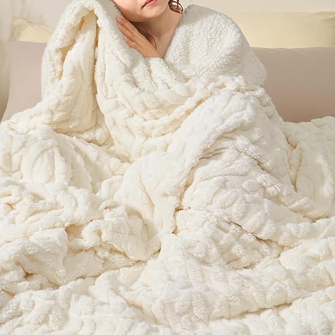 PHF Fluffy Sherpa Blanket Twin Size for Winter, Warm and Soft, 510GSM 3D Jacquard Thick Shaggy Fleece Plush Blanket for Sofa Bed, Cream, 60"x80"