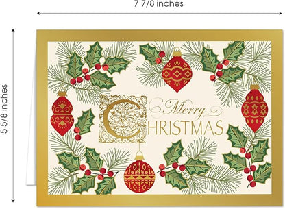 Masterpiece Antique Ornament Christmas Cards / 15 Festive Evergreen Holly Holiday Card Set With Foil Accents And White Envelopes / 5 5/8" x 7 7/8" Winter Greeting Cards With Inside Verse