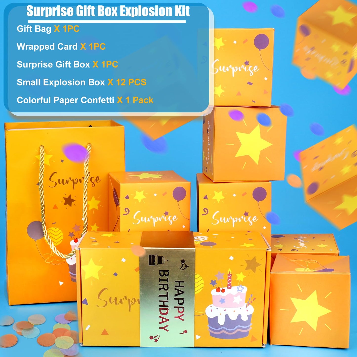 BABORUI Birthday Surprise Gift Box Explosion for Money with Confetti, Cash Explosion Gift Box for Women Men Kids (Yellow Birthday)