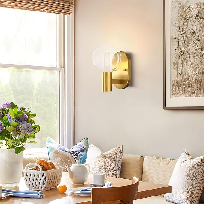 Indoor Outdoor Wall Light Fixture, Golden Bathroom Vanity Light, Bathroom Wall Light Fixture Over Mirror, Modern Brass Wall Sconce with Globe Glass for Hallway, Bedroom