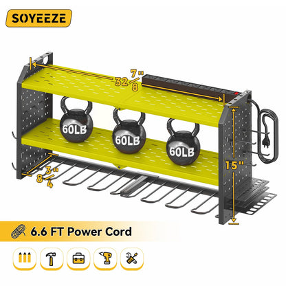 SOYEEZE Large Power Tool Organizer Wall Mount with Charging Station, 3 Layer Heavy Duty Metal Tool Storage Rack with 8 Drill Holder, Tool Holder Built in 8 Outlet Power Strip (Green)