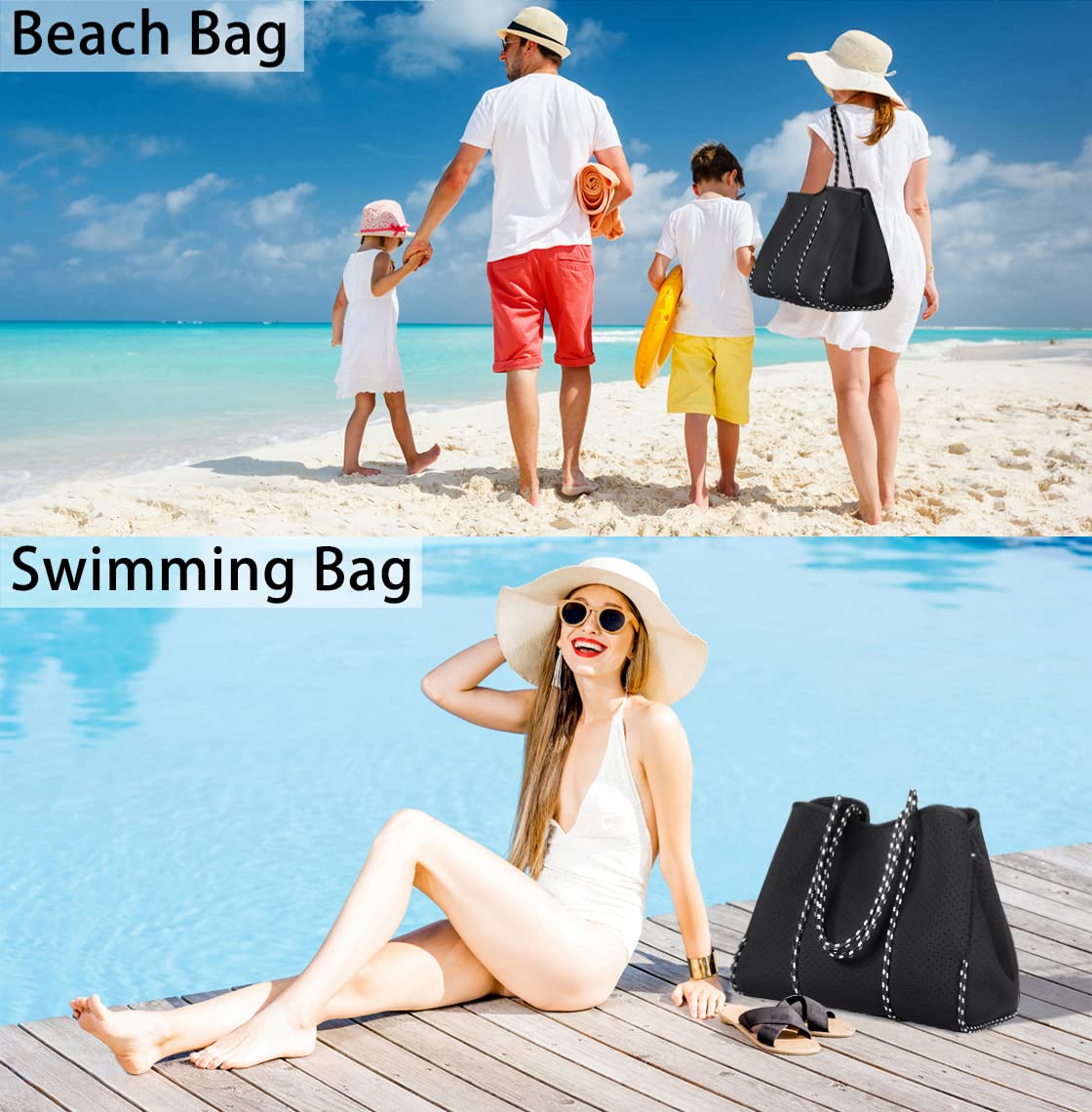 IBFUN Neoprene Bag, Large Multipurpose Beach Bag Upgraded Neoprene Tote Bag with Inner Zipper Pocket for Women/Beach/Pool(Black)