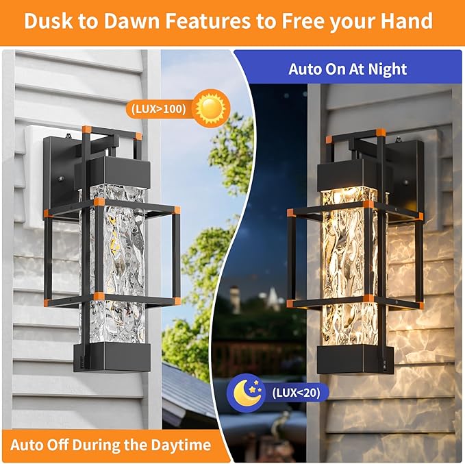 1 Pack Dusk to Dawn Outdoor Lighting Fixtures Wall Mount, Dimmable Exterior Front Porch Lights for Outside, Sensor Wall Lantern Lamps Waterproof, Black Lights with Orange Interface for House, Garage