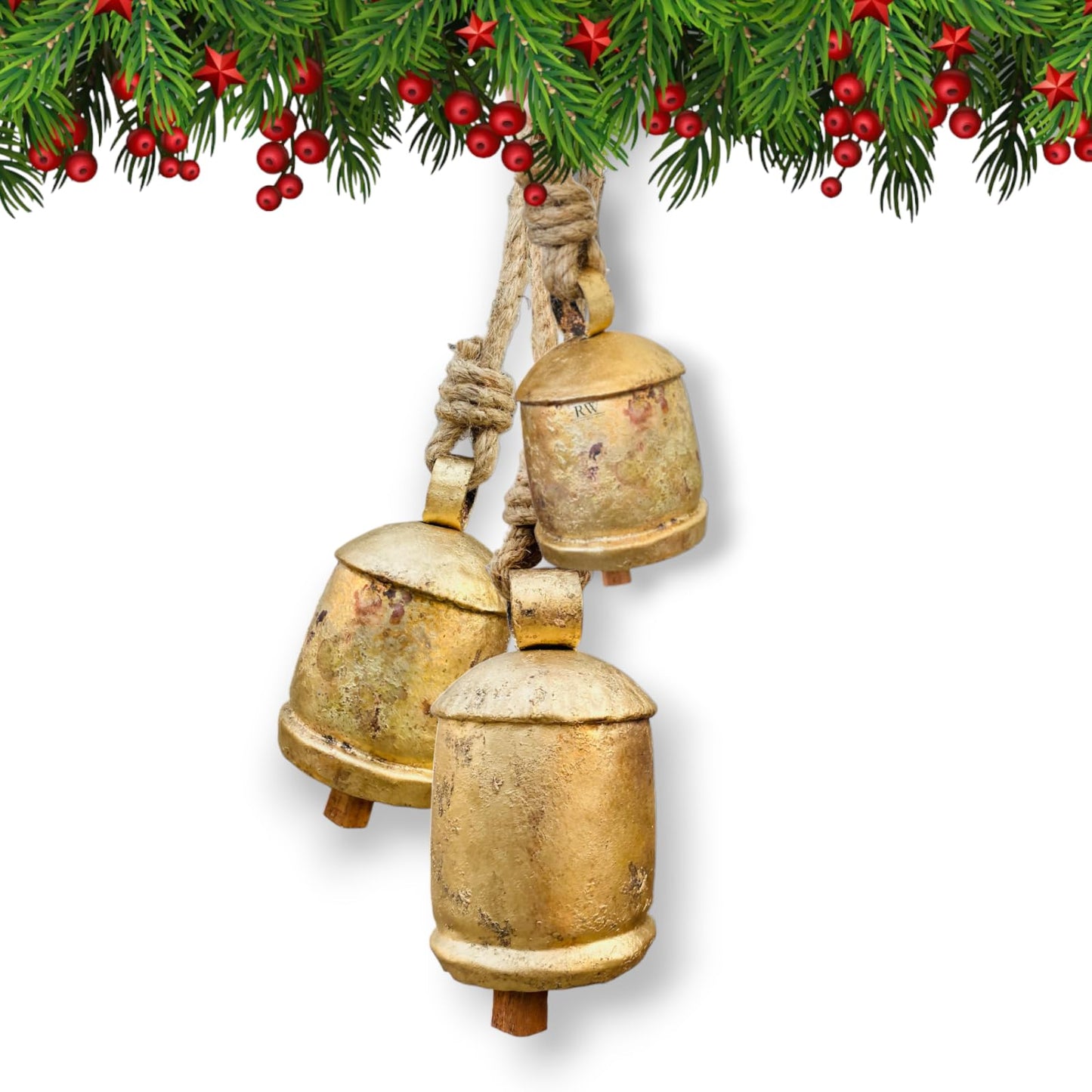 Christmas Bells Decor, Gold Hanging Bells for Christmas Decoration, Cow Bells Christmas Decor for Mantle, Set of 3 Rustic Shabby Chic Bells, Harmony farmghouse Bells.