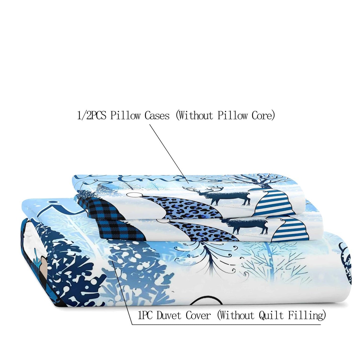 LUVIVIHOME 3PCS Christmas Gnome Duvet Cover Queen, Christmas Bedding Holiday Christmas Tree Snowflake Reindeer Tomte Elf Plaid Striped Leopard Print Blue Comforter Bedspread Quilt Cover 2 Pillow Cases