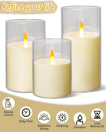 Upinmz Flickering Flameless Candles with Remote and Timer，Battery Operated Acrylic LED Pillar Candles ，for Christmas Decorations Home Decorations ，Set of 3