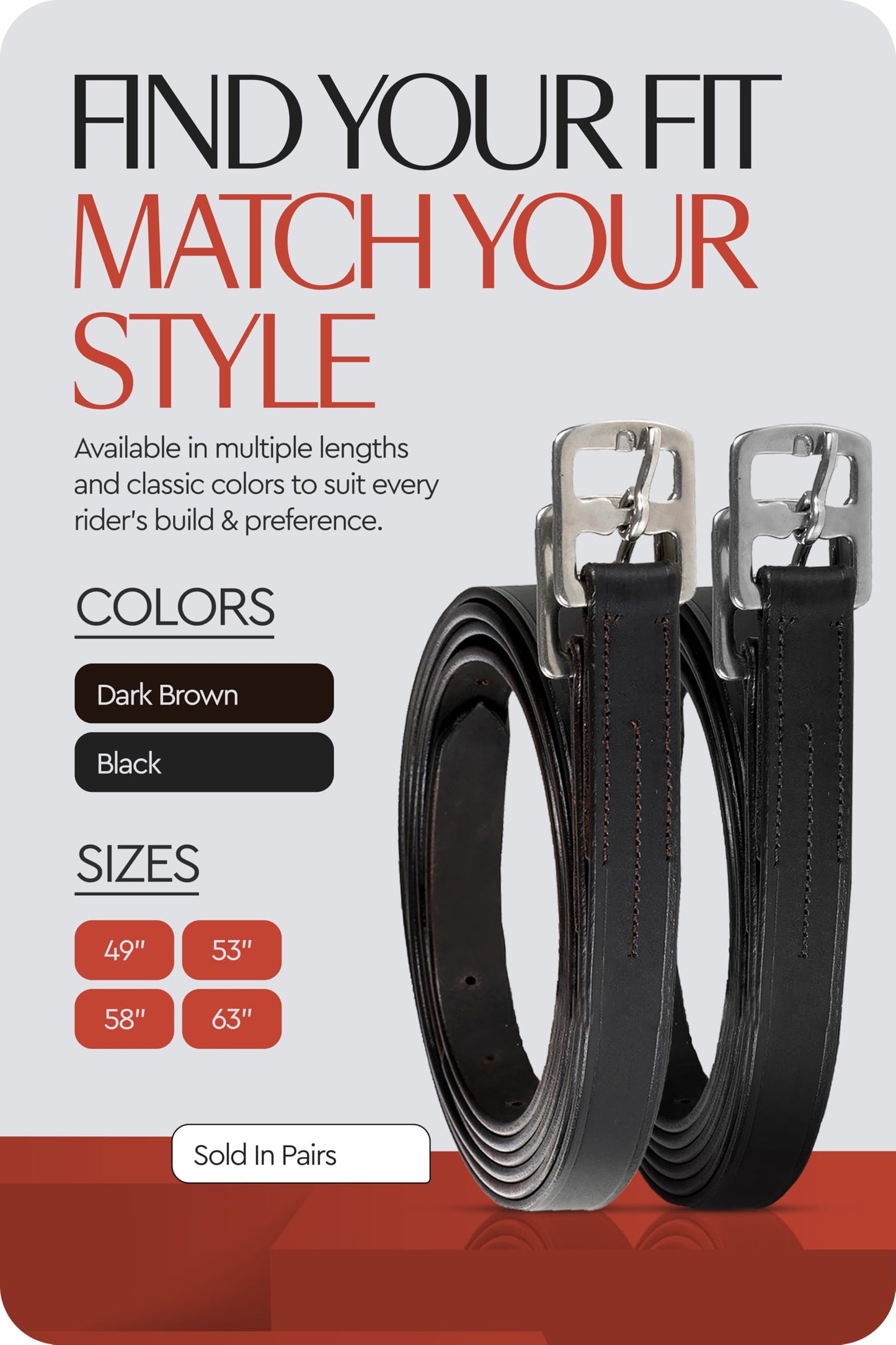 HORZE Genuine Leather English Riding Stirrup Leathers Pair | Adult Sizes - Dark Brown - 49 in