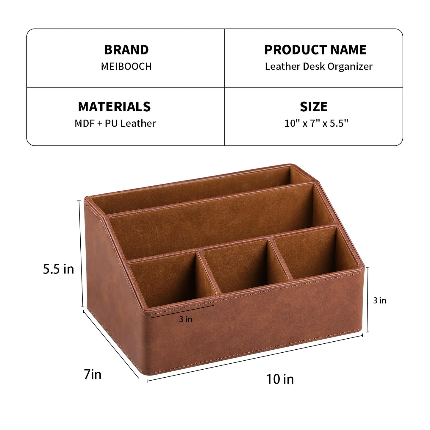 MEIBOOCH PU Leather Desk Organizer, Luxury Remote Control Holder for Home, Office Desk Accessories Table Caddy Bedside Nightstand Organizer (Brown)