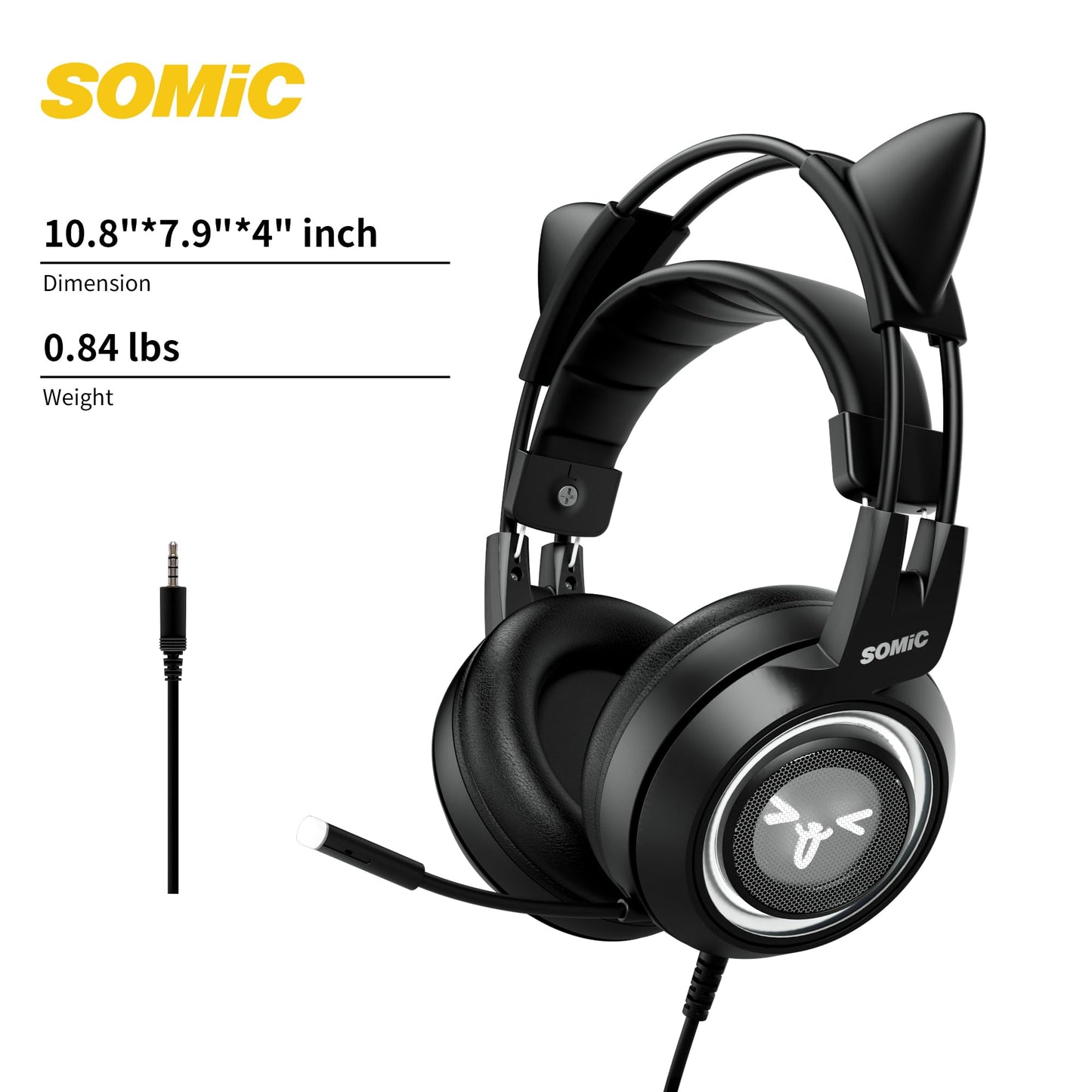 SOMIC Stereo Gaming Headset with Mic for PS4, PS5, Xbox One, PC, Mobile Phone, 3.5MM Sound Detachable Cat Ear Headphones Lightweight Self-Adjusting Over Ear Office Headphones G951S Black