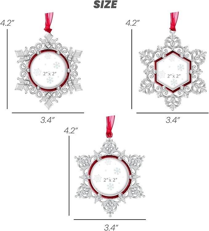West style Snowflake Picture Frame Ornament Christmas Tree Ornaments Set 3 Pieces-Metallic Hanging Home Deco Hanging Pendant Holiday Keepsake Gift (Red, 3 Pieces)