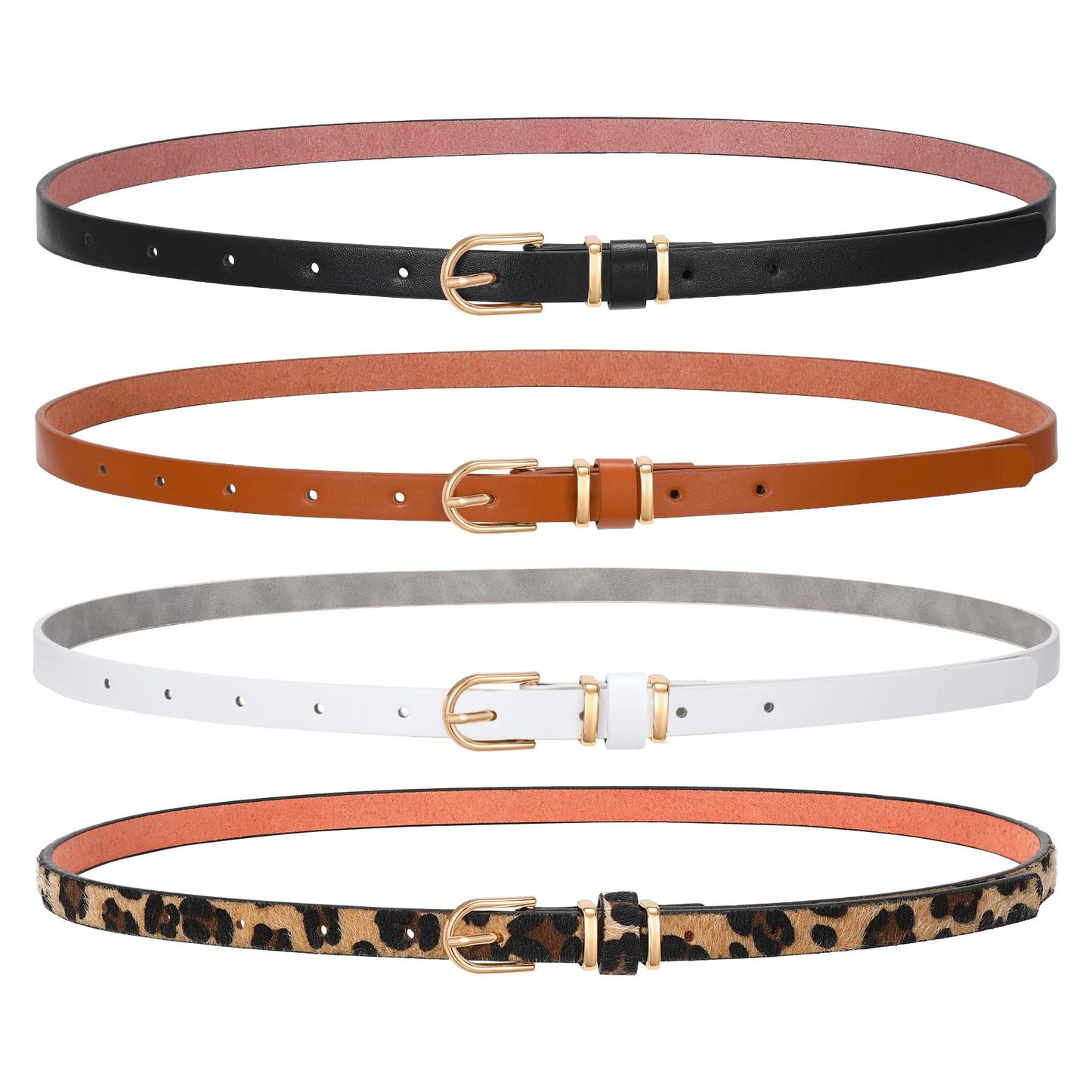 SANSTHS 4 Pack Women Thin Belts for Jeans Dresses Coats Skinny Women Belt with Gold Alloy Buckle, Black+Brown+White+Leopard M
