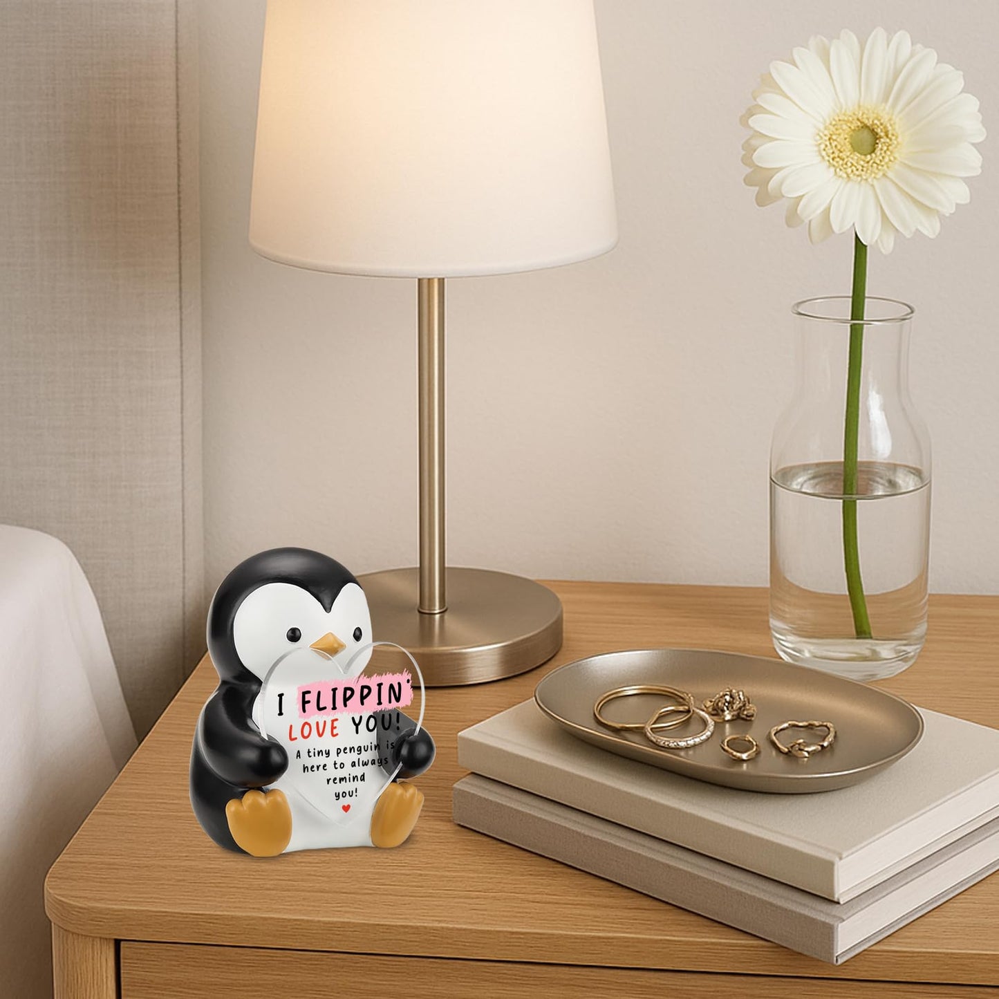 I Flippin’ Love You Penguin Figurine with Heart Plaque, Cute Penguin Collectible Desk Sign, Sentimental Gift for Friend, Family, Coworker, Birthday, Christmas, Anniversary Keepsake ES018