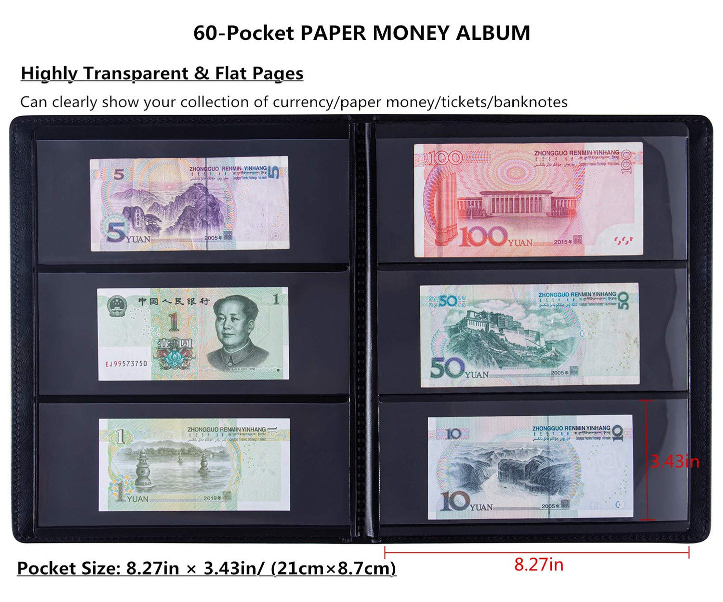 Ettonsun Leather 60-Pocket Dollar Bill Holders for Collectors Paper Money Album Currency Collection Supplies Book Travel Banknote Stamp Storage,Collection Folder for paper souvenirs, Black
