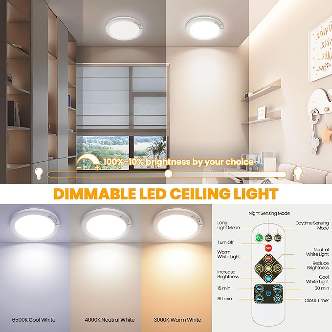 SunRider 2Pack Rechargeable Motion Sensor LED Ceiling Light with Remote, 3CCT Cordless Closet Lights Battery Operated for Shower Stair, Magnetic Mount