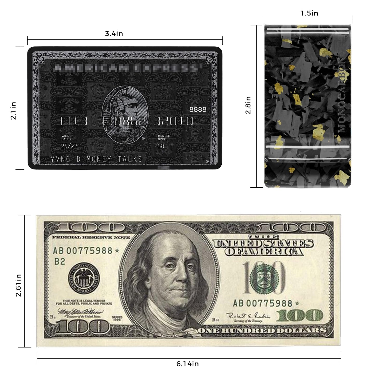 MONOCARBON Real Forged Carbon Fiber Money Clip for Men, 1.38-inch Wide Ultra-Thin & Ultra-Light Minimalist Wallet for Cash, Slim EDC Credit Card Holder-Gift for Husband/Boyfriend-Gold