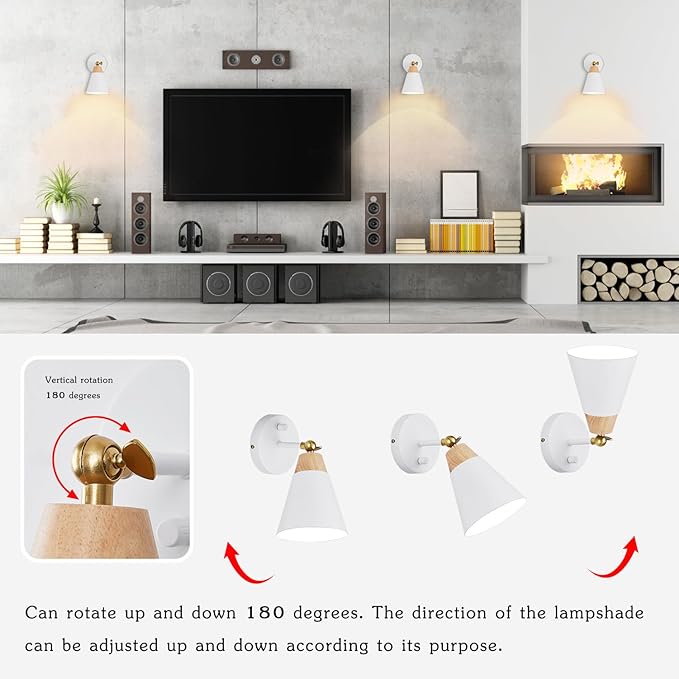Wall Sconce Set of 2, Wall Sconce Lighting Fixture with Metal Shade, Rotary Switch, Indoor Decor Wall Mount Swing Arm Lamp for Bedroom,Hallway,Living Room,Reading, White