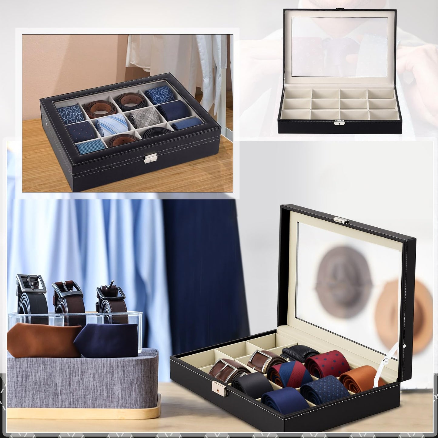 AceOrbit Luxury Tie Display Case with Glass Lid – 12 Slot Organizer for Men's Ties, Belts & Accessories, Lockable Dresser Storage Box, Elegant Gift for Husband or Father