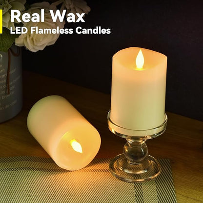 3"x4" Flickering Flameless Battery Candles with Timer, Ivory Realistic LED Pillar Candles, Set of 2 Large Remote-Operated Candles for Home Indoor/Outdoor & Holiday Decor
