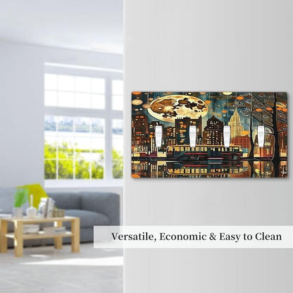 City Light Moon Bus Abstract Art Light Switch Covers Quad Toggle 4 Gang Wall Plate Decorative Switchplate Electrical Faceplate for Farmhouse Bathroom Living Decor