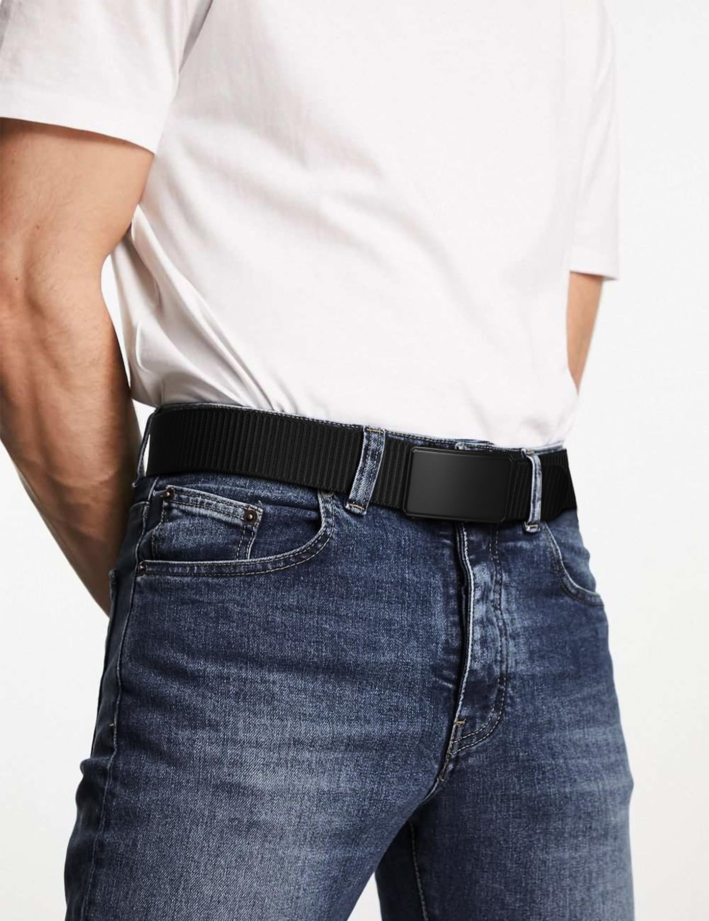 JUKMO Men's 1.5" Nylon Ratchet Belt, Casual Web Click Tactical Belt with Slide Buckle for Jeans, No Holes Adjustable Trim to Fit(Black,Small)