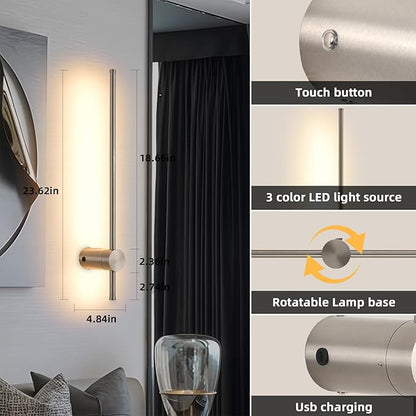 Battery Operated Wall Sconces with Remote, Dimmable 3000K-6000K/Timer/Memory LED Wall Lamp, 350°Rotate, USB Rechargeable Wireless wall lights for Living Room, Bedroom Brushed Nickel 23.6" (2 Pack)