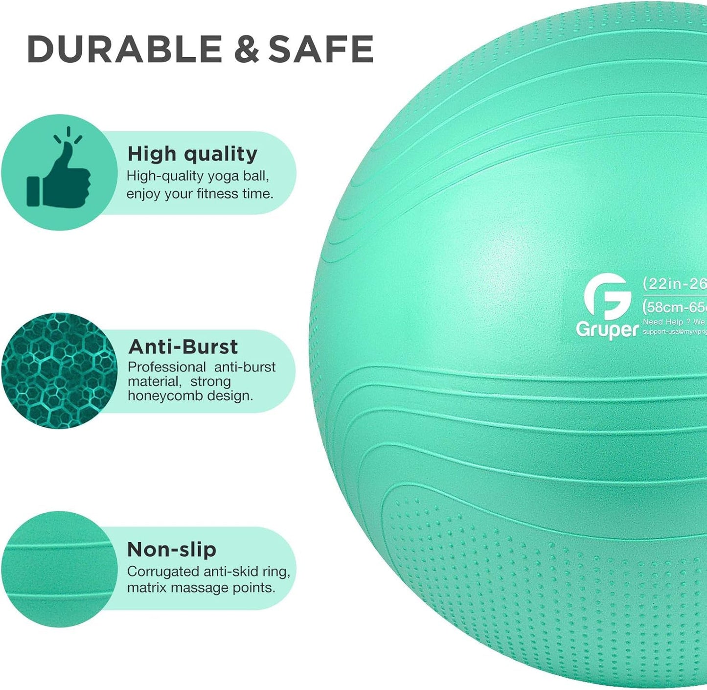 Gruper Yoga Ball, Multiple Sizes Non Slip Exercise Ball for Workout, Birthing, Balance, Stability, Pregnancy, 2200LB Capacity, Anti Burst Chair for Home and Office, Includes Quick Pump & Fitness Guide